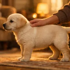 Un chiot labrador doré reçoit une caresse, un moment doux pour réfléchir à comment choisir les meilleures croquettes pour lui.