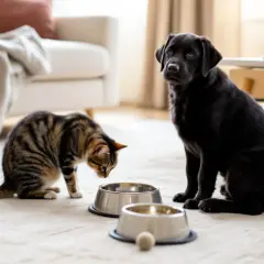 Un chat tigré curieux s'approche d'une gamelle, tandis qu'un jeune chien noir attend patiemment à côté. Une belle amitié chien chat se dessine.