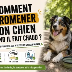 Un chien heureux profite de l'été, avec des conseils pour le promener par temps chaud : heures fraîches, sol à tester et pauses eau.