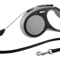 Laisse enrouleur Flexi grise et noire, avec cordon et mousqueton. Idéale pour les promenades de votre chien.