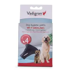 Emballage de slip pour chien Vadigran avec 4 serviettes hygiéniques. Deux chiens, un golden retriever et un terrier, posent devant.