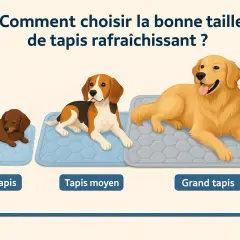 Trois chiens de tailles différentes sur des tapis rafraîchissants sans gel : petit, moyen et grand.