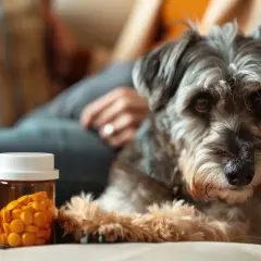 Un chien à l'air triste près d'une bouteille de pilules. Attention à la dose toxique d'alprazolam pour chien.