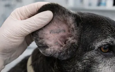 Main d'un vétérinaire examinant l'oreille d'un chien, où l'on peut voir des marques ressemblant à un numéro d'identification chien exemple.