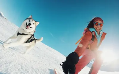 Un chien ski, tout sourire, dévale la pente enneigée aux côtés de sa maîtresse en ski. Le ciel est d'un bleu éclatant.