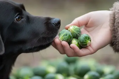 Un chien noir renifle avec curiosité des choux de Bruxelles dans une main.