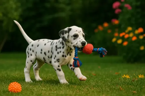 Un adorable dalmatien chiot joue avec une balle rouge et bleue dans l'herbe verte.