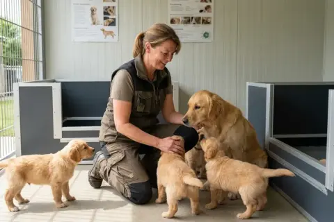 Une femme interagit avec une mère Golden Retriever et ses chiots. Une belle scène pour comprendre comment devenir éleveur de chien.