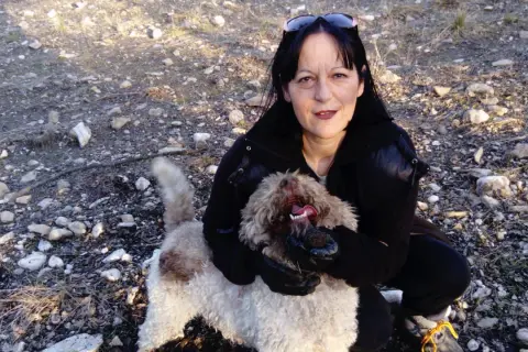 Une femme accroupie montre une truffe trouvée par son chien truffier. Le chien, un Lagotto romagnolo, tient la truffe dans sa gueule.