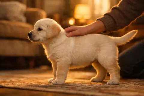 Un chiot labrador doré reçoit une caresse, un moment doux pour réfléchir à comment choisir les meilleures croquettes pour lui.