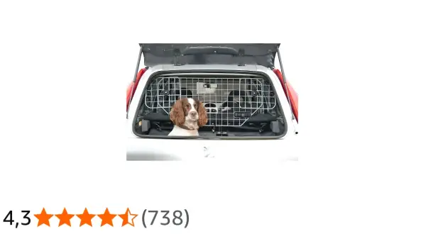 Un chien Springer Spaniel attend patiemment dans le coffre d'une voiture, séparé par une grille. Ce système de séparation chien voiture assure un voyage en toute sécurité.