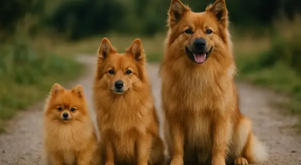 Trois chiens de race spitz moyen, de tailles différentes, posent sur un chemin. Le plus petit est un chiot, le moyen et le plus grand sont des adultes.
