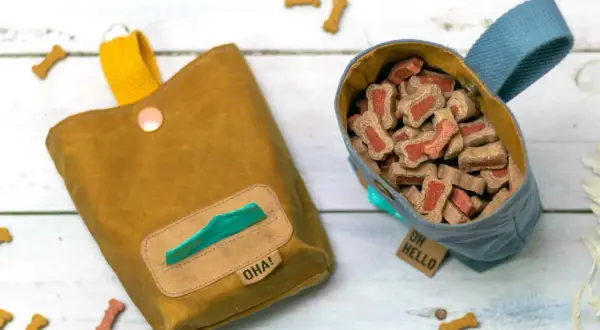 Deux sacs à friandises pour chien, un jaune moutarde avec distributeur de sacs, l'autre bleu rempli de biscuits. Idéal pour apprendre comment faire un sac ventral pour chien.