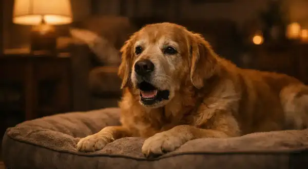 Un vieux chien golden retriever, allongé sur son coussin, semble avoir un petit chien qui tousse. La lumière tamisée d'une lampe crée une atmosphère chaleureuse.