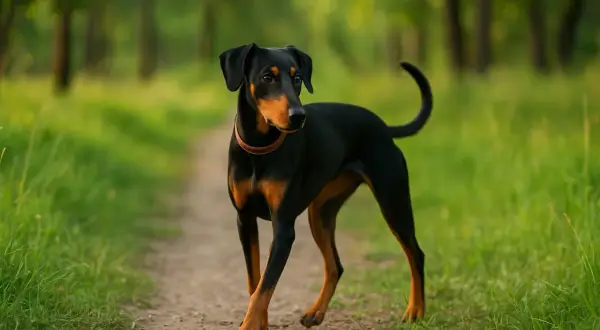 Un pinscher moyen, noir et feu, se promène sur un sentier boisé, le regard alerte.