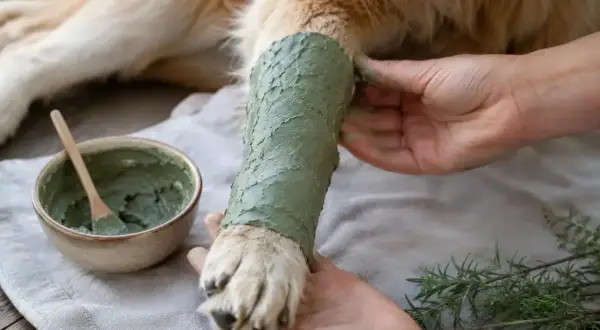 Un chien reçoit un soin apaisant avec de l'argile verte appliquée sur sa patte. Un bol d'argile et une cuillère en bois sont à proximité.