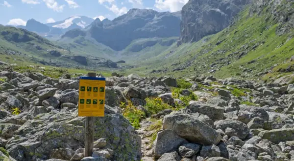 Panneau d'information dans le parc de la Vanoise, rappelant les règles pour les visiteurs, y compris la gestion du chien. Paysage montagneux rocailleux.