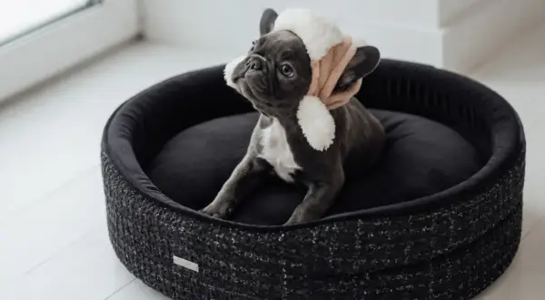 Un adorable bouledogue français, coiffé d'un bonnet douillet, se repose dans sa corbeille chien.