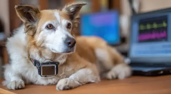 Un chien porte un collier avec un appareil, peut-être pour un son ultrason chien. Il est allongé près d'un ordinateur affichant des graphiques.