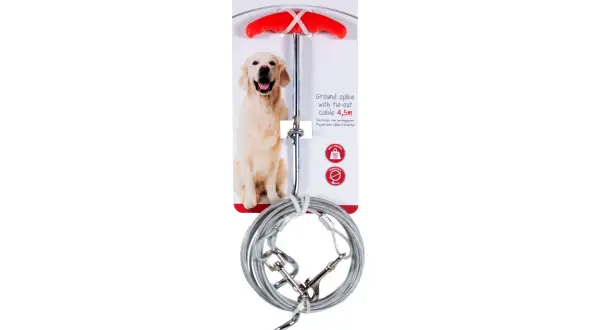 Piquet attache chien Vadigran avec câble de 4,5m. Idéal pour laisser votre compagnon en toute sécurité à l'extérieur.
