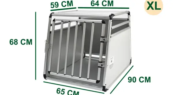 Caisse de transport aluminium XL, 90x65x68 cm. Idéale pour les grands chiens, elle offre sécurité et confort pour tous vos voyages.