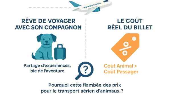 Un avion survole un chien avec une valise, symbolisant le rêve de voyager avec son compagnon. Le coût animal est supérieur au coût passager, interrogeant sur le tarif fret animaux.