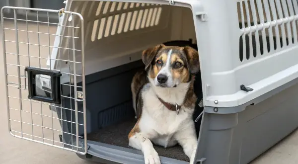 Un chien brun et blanc se repose dans une cage de transport ouverte. La fermeture de la cage est visible sur le côté.
