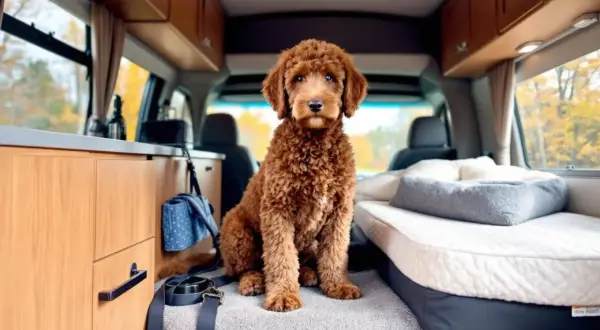 Un adorable chien est assis dans un camping-car, prêt pour l'aventure.