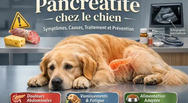 Chien souffrant de pancréatite, ne mange pas. Douleurs abdominales, vomissements, fatigue. Échographie pancréatique. Alimentation adaptée.