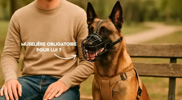 Un homme et son chien, un Malinois, assis sur un banc. Le chien porte une muselière, soulevant la question de la muselière obligatoire en France pour certains chiens.