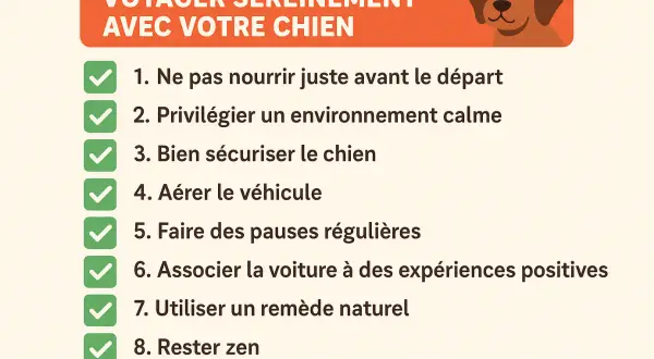 Conseils pour un chien stressé en voiture : ne pas nourrir avant, calmer l'environnement, sécuriser, aérer, faire des pauses, expériences positives, remède naturel, rester zen.