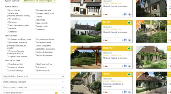 Recherche d'un échange maison garde animaux. Filtres actifs : animaux domestiques acceptés. Nombreuses offres de maisons à la campagne.
