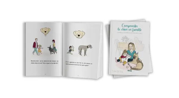Illustrations d'un livre pour apprendre à communiquer avec son chien. Une famille interagit avec des chiens, abordant la compréhension mutuelle.