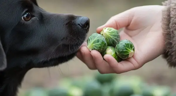 Un chien noir renifle avec curiosité des choux de Bruxelles dans une main.
