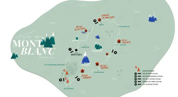 Carte stylisée du tracé du Tour du Mont Blanc, avec refuges, cols et villes.