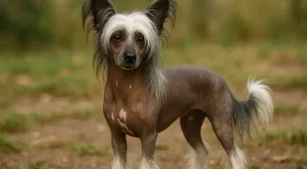 Un chien chinois au poil rare, avec de grandes oreilles et une crinière blanche, se tient dans un champ herbeux.