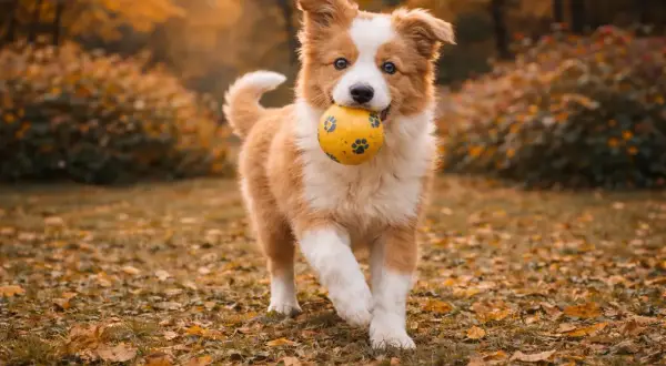 Adorable border collie chiot 2 mois, tout fier avec sa balle jaune dans la gueule, court dans un parc automnal.