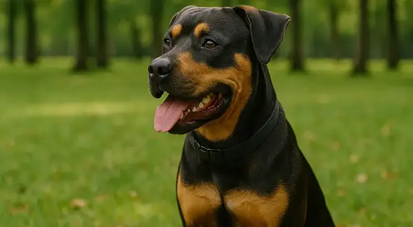Un magnifique Rottweiler, au poil croisé, profite d'une journée ensoleillée dans un parc verdoyant.