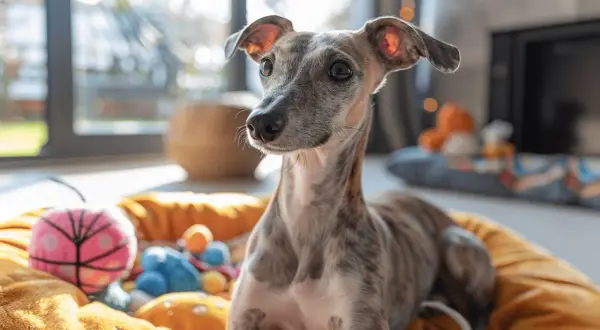 Un jeune lévrier whippet aux yeux pétillants est allongé sur un coussin orange, entouré de jouets colorés.