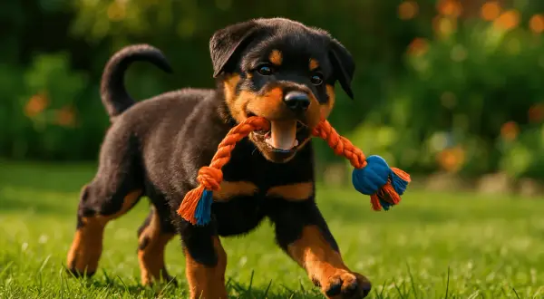 Un adorable bébé rottweiler court sur l'herbe, tenant un jouet à corde orange et bleu dans sa gueule.