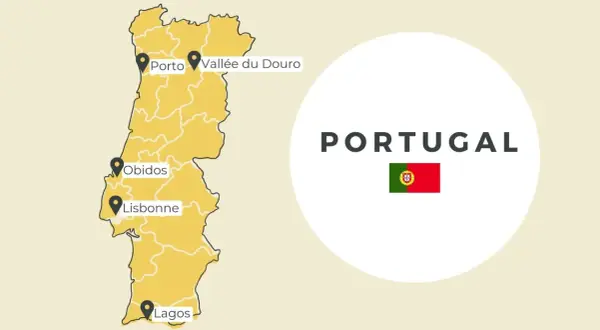 Carte du Portugal avec des points d'intérêt : Porto, Vallée du Douro, Obidos, Lisbonne, Lagos. Un chien portugal pourrait y courir !