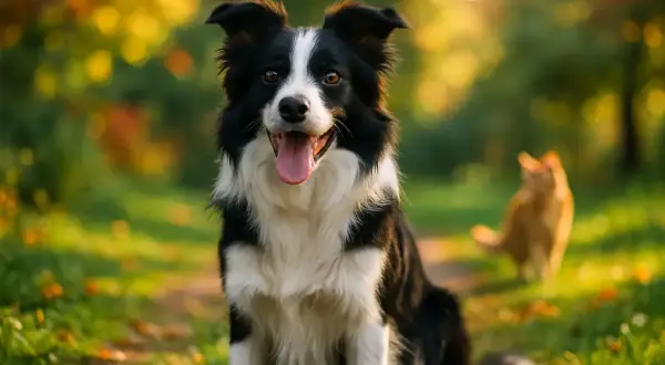 Un border collie attentif, prêt pour l'éducation, observe un chat roux dans un parc ensoleillé.