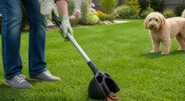 Une personne utilise une pelle pour ramasser des crottes de chien dans un jardin verdoyant. Un chien blond regarde au loin.