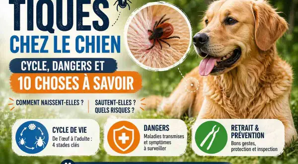Golden retriever with a tick on its fur. Learn how to remove ticks from your dog and protect them from diseases.