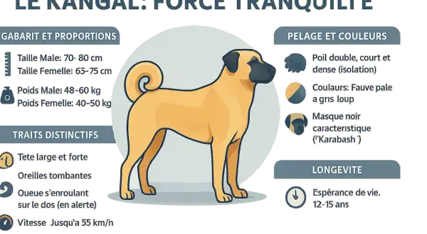 Le Kangal, un chien puissant et imposant, peut sembler dangereux mais est décrit comme calme. Il a un pelage fauve pâle, un masque noir et une queue enroulée.