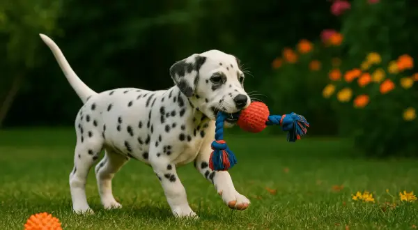Un adorable dalmatien chiot joue avec une balle rouge et bleue dans l'herbe verte.