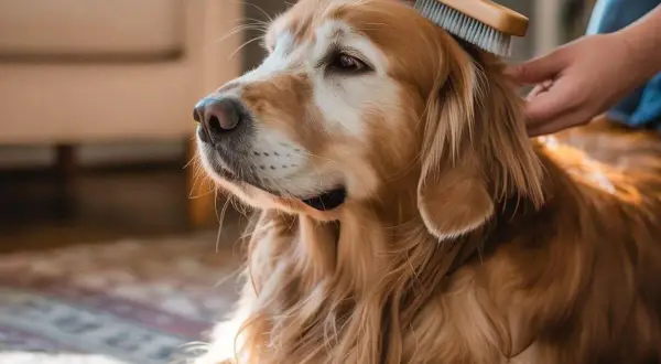 Un golden retriever se fait brosser la tête avec un **démêloir chien**. La lumière du soleil illumine son pelage doré.