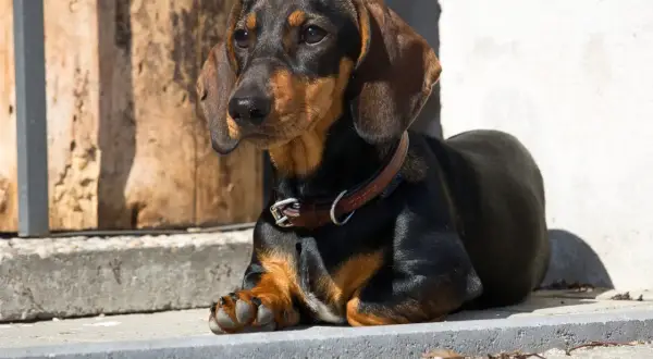 Un adorable teckel à poils ras, au pelage noir et feu, se repose paisiblement sur des marches en pierre, profitant du soleil.