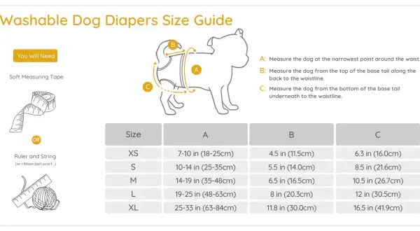 Guide des tailles pour culotte chien lavable. Mesurez votre chien pour trouver la bonne taille.