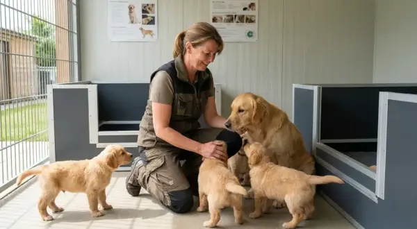 Une femme interagit avec une mère Golden Retriever et ses chiots. Une belle scène pour comprendre comment devenir éleveur de chien.
